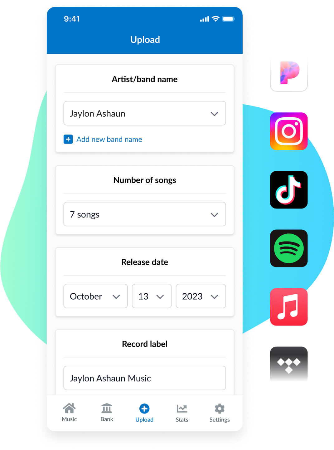 Example of the DistroKid iPhone app's upload form with a blue blob shape behind it. It also has a list of icons where your music will be distributed: Pandora, Instagram, TikTok, Spotify, Apple Music, and Spotify